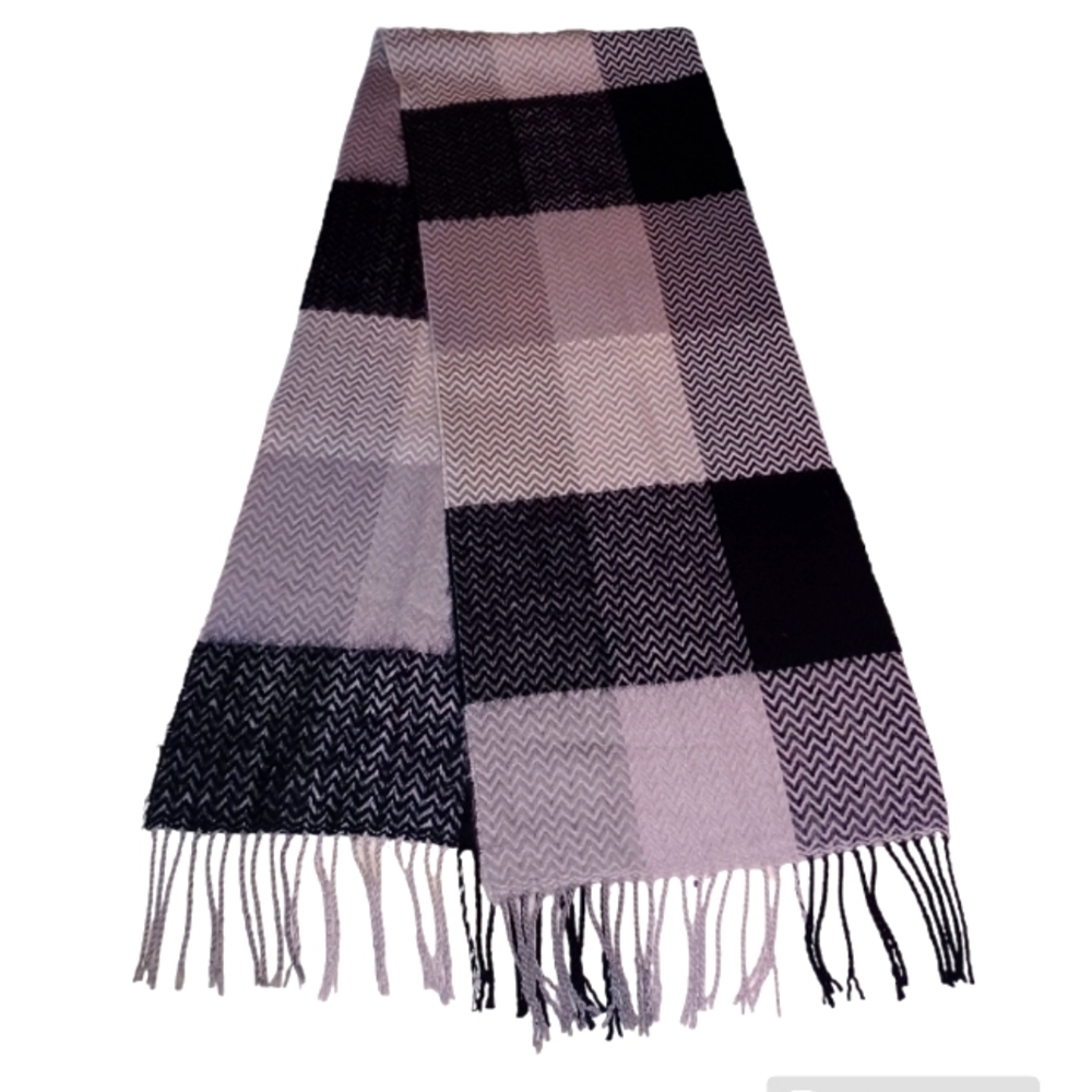 Soft 100% CASHMERE Black/Gray Check Plaid Scarf Made In Scotland
